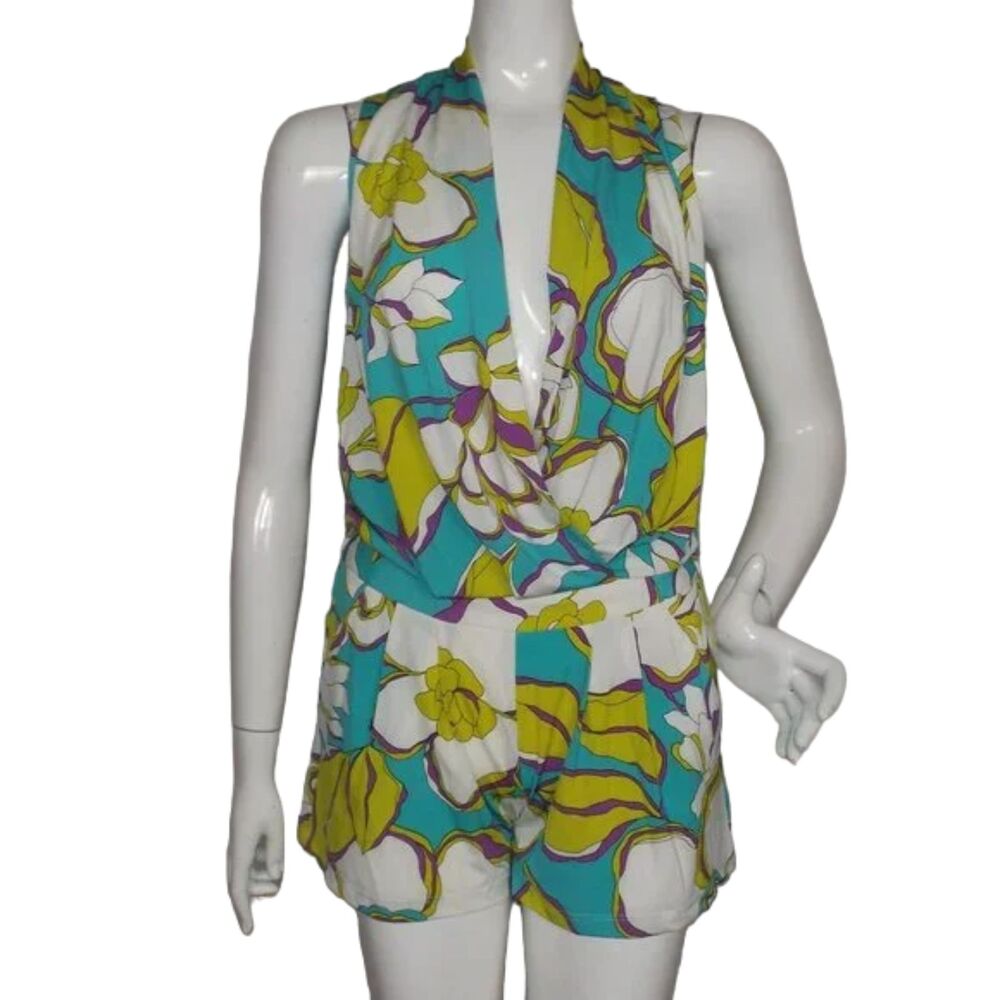 TRINA TURK Romper, XS, Blue/Chartreuse/White Floral, Plunging V-neck, Pockets